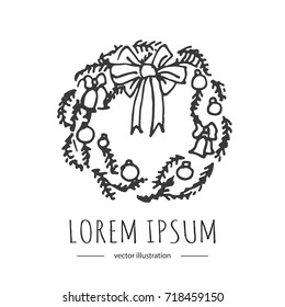 Hand drawn doodle Merry Christmas related icon - Wreath. Vector illustration. Holiday symbol. Cartoon sketch element: colorful christmas traditional decoration isolated on white background