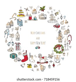 Hand drawn doodle Merry Christmas icons set. Sketchy vector illustration elements. Candles gift boxes christmas tree wreath stocking candy cane bells holly decoration  Merry Christmas
