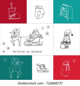 Hand drawn doodle Merry Christmas icons set. Sketchy vector illustration elements. Candles gift boxes christmas tree wreath stocking candy cane bells holly decoration  Merry Christmas, Santa Claus
