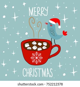 Hand Drawn Doodle Merry Christmas Card. Red Mug with Hot Chocolate Cocoa Marshmallows Kawaii Bird in Santa Claus Hat. White Stars Snow Flakes Baby Blue Background. Lettering.