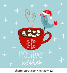 Hand Drawn Doodle Merry Christmas Card. Red Mug with Hot Chocolate Cocoa Marshmallows Kawaii Bird in Santa Claus Hat. White Stars Snow Flakes Baby Blue Background. Holiday Wishes Text Lettering