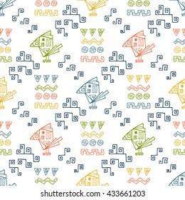 Hand drawn doodle Mexican abstract patterns with Toucan bird and abstract figures. Mexico Vector Seamless background.