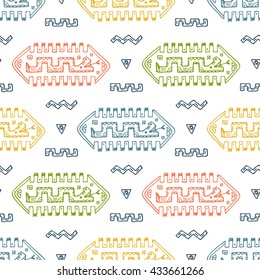 Hand drawn doodle Mexican patterns with abstract snake and figures. Mexico Vector Seamless background. 