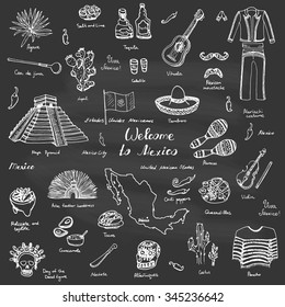 Hand drawn doodle Mexico set Vector illustration Sketchy mexican food icons United Mexican States elements Flag Maracas Sombrero Viva Mexico Maya Pyramid Aztec Tequila Agave Mariachi Poncho Guacamole