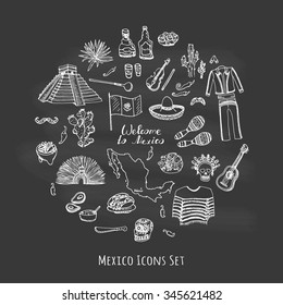 Hand drawn doodle Mexico set Vector illustration Sketchy mexican food icons United Mexican States elements Flag Maracas Sombrero Viva Mexico Maya Pyramid Aztec Tequila Agave Mariachi Poncho Guacamole