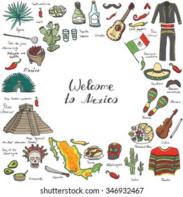 Hand drawn doodle Mexico set Vector illustration Sketchy mexican food icons United Mexican States elements Flag Maracas Sombrero Viva Mexico Maya Pyramid Aztec Tequila Agave Mariachi Poncho Guacamole