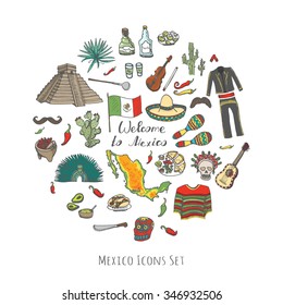 Hand drawn doodle Mexico set Vector illustration Sketchy mexican food icons United Mexican States elements Flag Maracas Sombrero Viva Mexico Maya Pyramid Aztec Tequila Agave Mariachi Poncho Guacamole