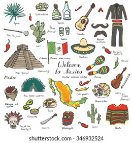 Hand drawn doodle Mexico set Vector illustration Sketchy mexican food icons United Mexican States elements Flag Maracas Sombrero Viva Mexico Maya Pyramid Aztec Tequila Agave Mariachi Poncho Guacamole