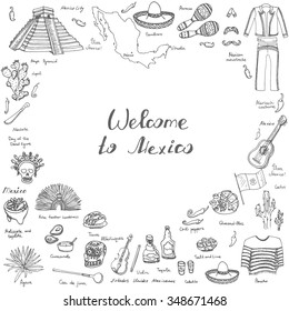 Hand drawn doodle Mexico set Vector illustration Sketchy mexican food icons United Mexican States elements Flag Maracas Sombrero Viva Mexico Maya Pyramid Aztec Tequila Agave Mariachi Poncho Guacamole