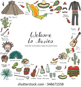 Hand drawn doodle Mexico set Vector illustration Sketchy mexican food icons United Mexican States elements Flag Maracas Sombrero Viva Mexico Maya Pyramid Aztec Tequila Agave Mariachi Poncho Guacamole