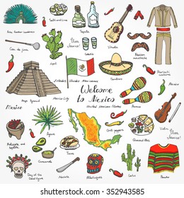 Hand drawn doodle Mexico set Vector illustration Sketchy mexican food icons United Mexican States elements Flag Maracas Sombrero Welcome to Mexico Maya Pyramid Aztec Tequila Agave Poncho Guacamole