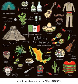 Hand drawn doodle Mexico set Vector illustration Sketchy mexican food icons United Mexican States elements Flag Maracas Sombrero Welcome to Mexico Maya Pyramid Aztec Tequila Agave Poncho Guacamole