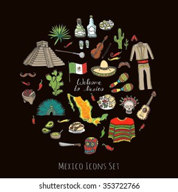 Hand drawn doodle Mexico set Vector illustration Sketchy mexican food icons United Mexican States elements Flag Maracas Sombrero Viva Mexico Maya Pyramid Aztec Tequila Agave Mariachi Poncho Guacamole