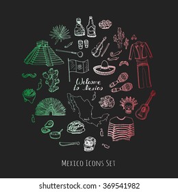 Hand drawn doodle Mexico set Vector illustration Sketchy mexican food icons United Mexican States elements Flag Maracas Sombrero Viva Mexico Maya Pyramid Aztec Tequila Agave Mariachi Poncho Guacamole