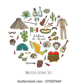 Hand drawn doodle Mexico set Vector illustration Sketchy mexican food icons United Mexican States elements Flag Maracas Sombrero Viva Mexico Maya Pyramid Aztec Tequila Agave Mariachi Poncho Guacamole