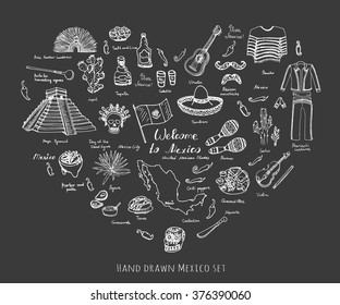 Hand drawn doodle Mexico set elements Viva Mexico means Live long Mexico Caballito - tequila short glass Vihuela - guitar Vector illustration Sketchy mexican food icons  Welcome to Mexico