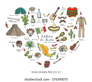 Hand drawn doodle Mexico set elements Viva Mexico means Live long Mexico Caballito - tequila short glass Vihuela - guitar Vector illustration Sketchy mexican food icons  Welcome to Mexico