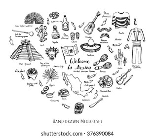 Hand drawn doodle Mexico set elements Viva Mexico means Live long Mexico Caballito - tequila short glass Vihuela - guitar Vector illustration Sketchy mexican food icons  Welcome to Mexico