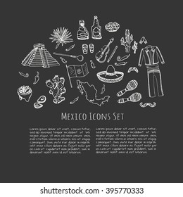 Hand drawn doodle Mexico set Vector illustration Sketchy mexican food icons United Mexican States elements Flag Maracas Sombrero Viva Mexico Maya Pyramid Aztec Tequila Agave Mariachi Poncho Guacamole