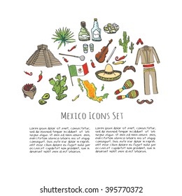 Hand drawn doodle Mexico set Vector illustration Sketchy mexican food icons United Mexican States elements Flag Maracas Sombrero Viva Mexico Maya Pyramid Aztec Tequila Agave Mariachi Poncho Guacamole