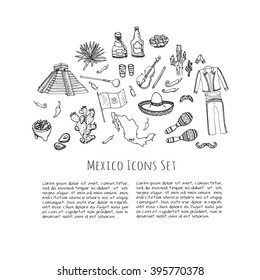 Hand drawn doodle Mexico set Vector illustration Sketchy mexican food icons United Mexican States elements Flag Maracas Sombrero Viva Mexico Maya Pyramid Aztec Tequila Agave Mariachi Poncho Guacamole