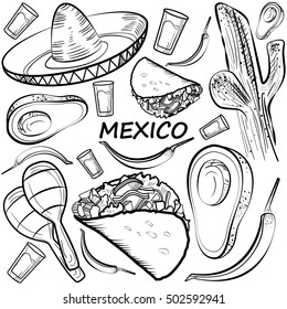 Hand drawn doodle Mexico set