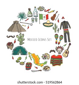 Hand drawn doodle Mexico set. Vector illustration. Sketch mexican food icons United Mexican States elements Flag Maracas Sombrero Viva Mexico Maya Pyramid Aztec Tequila Agave Mariachi Poncho Guacamole