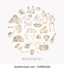 Hand drawn doodle Mexico set. Vector illustration. Sketch mexican food icons United Mexican States elements Flag Maracas Sombrero Viva Mexico Maya Pyramid Aztec Tequila Agave Mariachi Poncho Guacamole