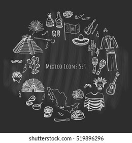 Hand drawn doodle Mexico set. Vector illustration. Sketch mexican food icons United Mexican States elements Flag Maracas Sombrero Viva Mexico Maya Pyramid Aztec Tequila Agave Mariachi Poncho Guacamole