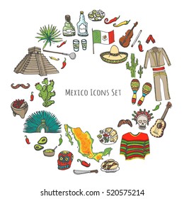 Hand drawn doodle Mexico set Vector illustration Sketchy mexican food icons United Mexican States elements Flag Maracas Sombrero Viva Mexico Maya Pyramid Aztec Tequila Agave Mariachi Poncho Guacamole