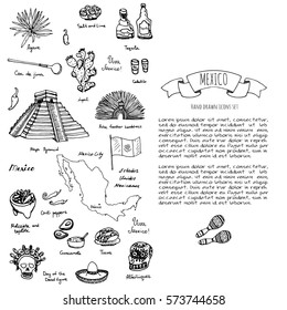 Hand drawn doodle Mexico set Vector illustration Sketchy mexican food icons United Mexican States elements Flag Maracas Sombrero Viva Mexico Maya Pyramid Aztec Tequila Agave Mariachi Poncho Guacamole