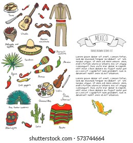 Hand drawn doodle Mexico set Vector illustration Sketchy mexican food icons United Mexican States elements Flag Maracas Sombrero Viva Mexico Maya Pyramid Aztec Tequila Agave Mariachi Poncho Guacamole