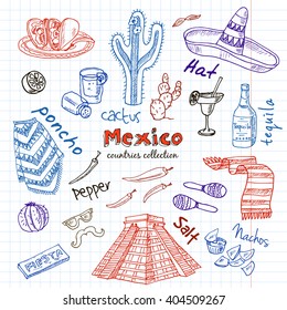 Hand drawn doodle Mexico symbols set. Sketchy Icons set. Travel  Collection. Isolated vector illustration.