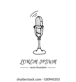 Hand drawn doodle Microphone icon. Vector illustration musical tool. Music symbols icons collections Cartoon retro concept element Vintage vector logo design template for audio studio