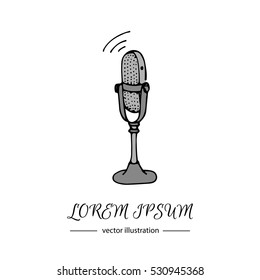 Hand drawn doodle Microphone icon. Vector illustration musical tool. Music symbols icons collections Cartoon retro concept element Vintage vector logo design template for audio studio