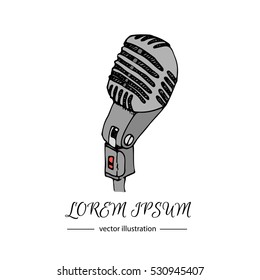 Hand drawn doodle Microphone icon. Vector illustration musical tool. Music symbols icons collections Cartoon retro concept element Vintage vector logo design template for audio studio