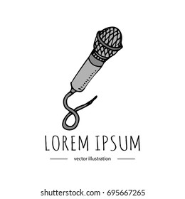 Hand drawn doodle Microphone icon. Vector illustration musical tool. Music symbols icons collections Cartoon retro concept element Vintage vector logo design template for audio studio Sketch