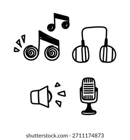 handgezeichnetes Doodle Mikrofon Lautsprecher Headset Musikset Sammlung
