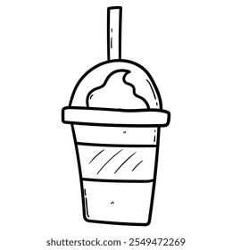 Hand drawn doodle milk shake with straw in a disposable cup isolated on a white background. Vector illustration.