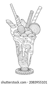 Hand drawn doodle milkshake ice-cream dessert. Coloring book page for adults. Zentangle style
