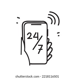 hand drawn doodle mobile with 24 hours and 7 days symbol for call center illustration