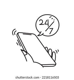 hand drawn doodle mobile with 24 hours and 7 days symbol for call center illustration