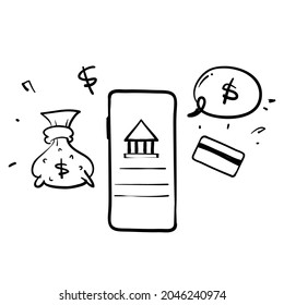 hand drawn doodle mobile banking concept illustration vector isolated