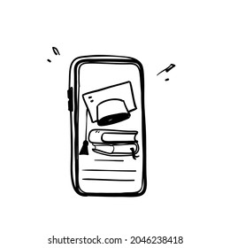 hand drawn doodle mobile graduation hat and book concept for education symbol icon illustration