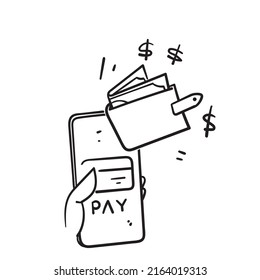 hand drawn doodle mobile payment with smartphone illustration vector isolated