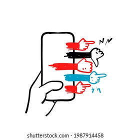 Hand Drawn Doodle Mobile Phone And Hand Gesture Symbol For Cyber Bullying Illustration Icon Isolated