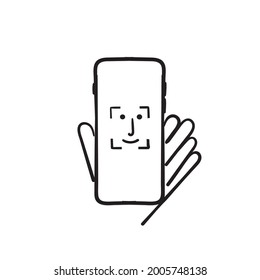 hand drawn doodle mobile phone  with face id or face recognition illustration vector