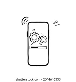 hand drawn doodle mobile phone and gears icon illustration symbol for setting up application 