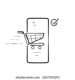 hand drawn doodle mobile phone and shopping cart symbol for online shopping illustration vector