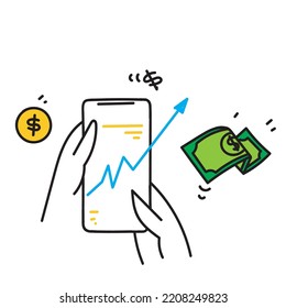 hand drawn doodle mobile phone with economic statistic arrow illustration